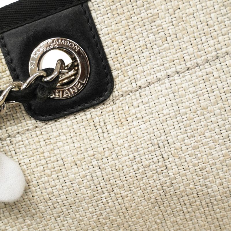 Chanel Tote Bag Deauville Raffia Gray Black Silver Hardware Women's