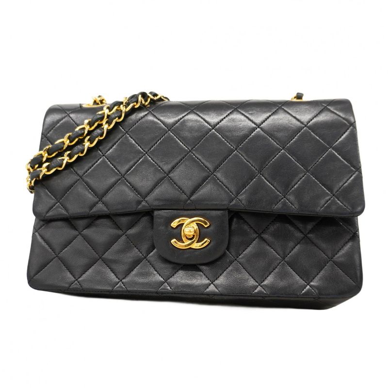 Chanel Shoulder Bag Matelasse Lambskin Black Gold Hardware Women