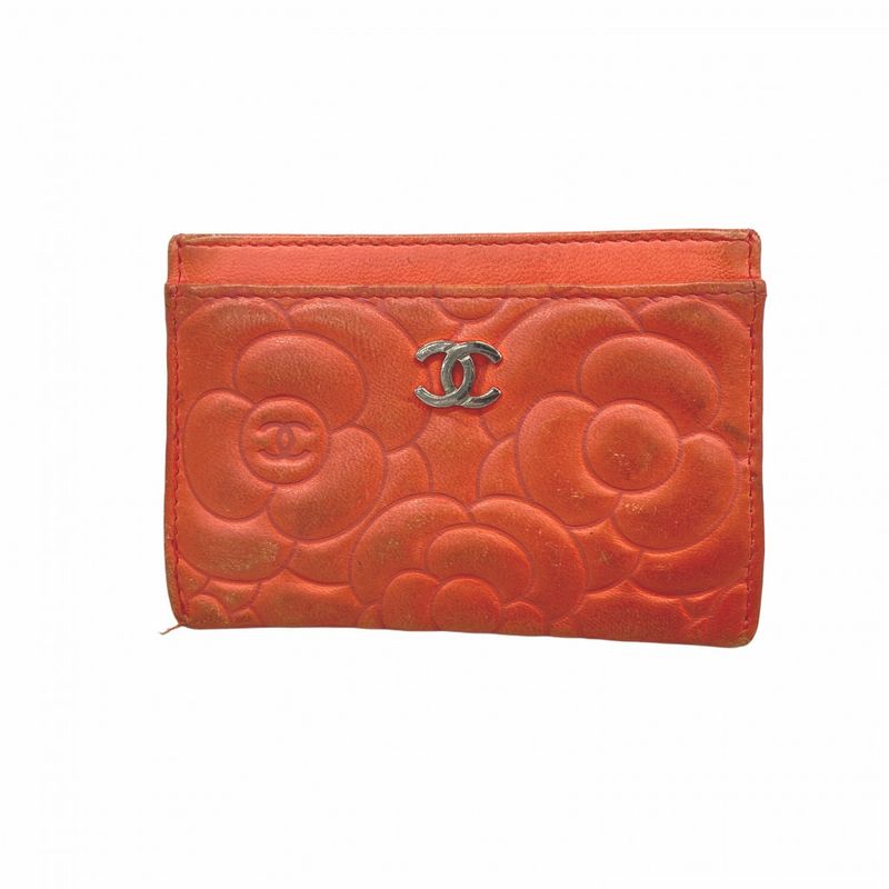 Chanel Card Case Camellia Lambskin Salmon Pink Silver Hardware Women