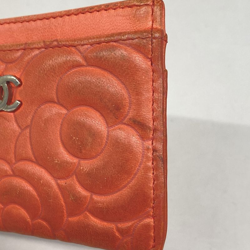 Chanel Card Case Camellia Lambskin Salmon Pink Silver Hardware Women