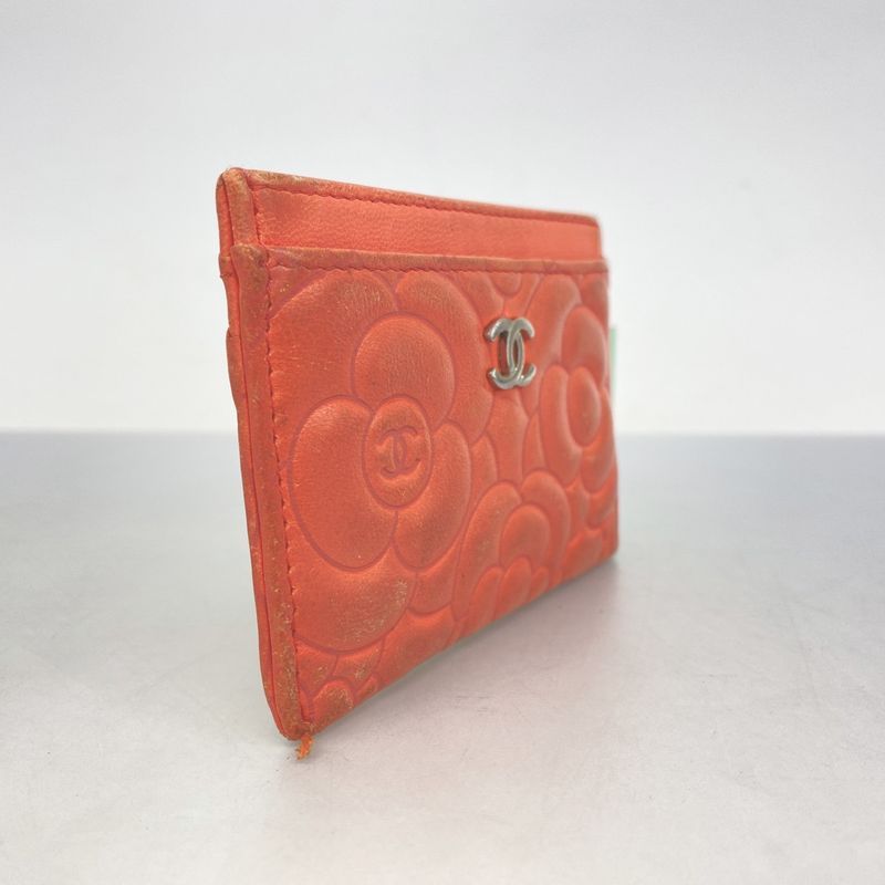 Chanel Card Case Camellia Lambskin Salmon Pink Silver Hardware Women