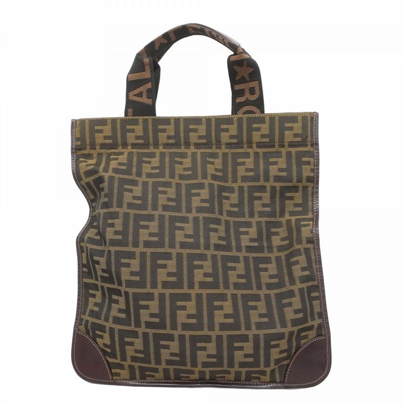 Fendi Tote Bag Zucca Nylon Canvas Brown Silver Hardware Women's