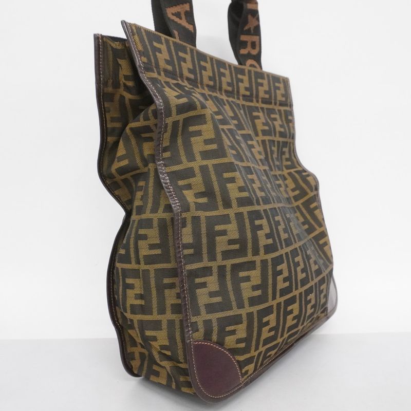 Fendi Tote Bag Zucca Nylon Canvas Brown Silver Hardware Women's