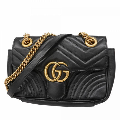 Gucci Shoulder Bag GG Marmont 446744 Leather Black Gold Hardware Women