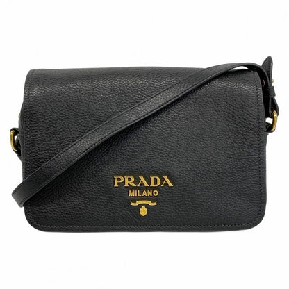 Prada Shoulder Bag Leather Black Gold Hardware Women