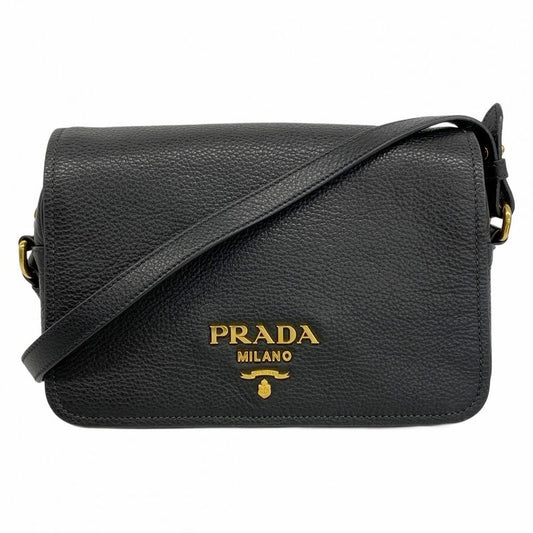 Prada Shoulder Bag Leather Black Gold Hardware Women