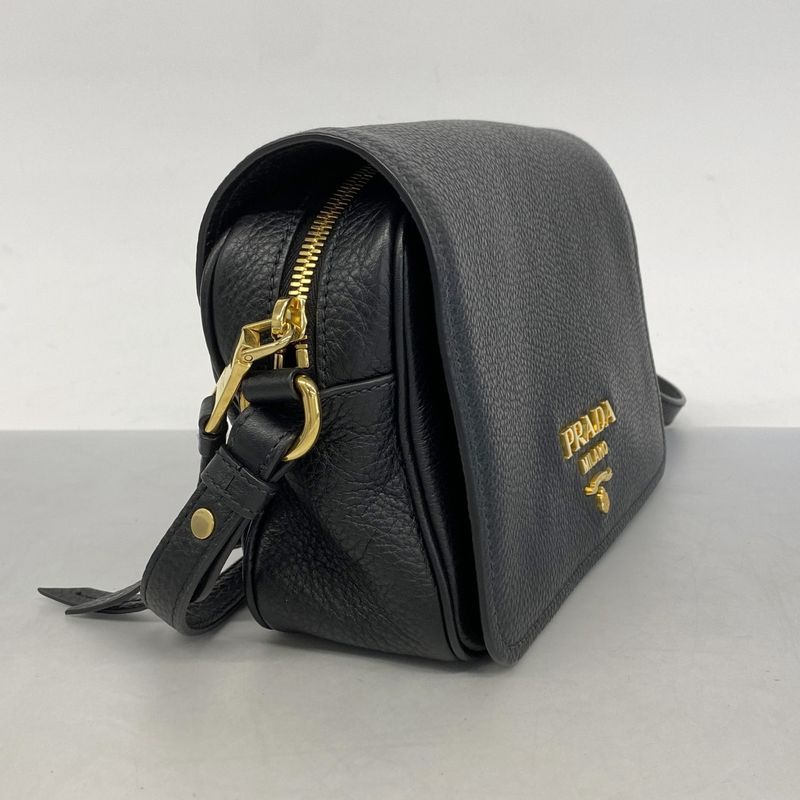 Prada Shoulder Bag Leather Black Gold Hardware Women