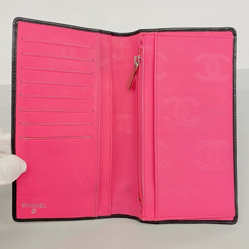 Chanel Long Billfold Cambon Lambskin Black Silver Hardware Women