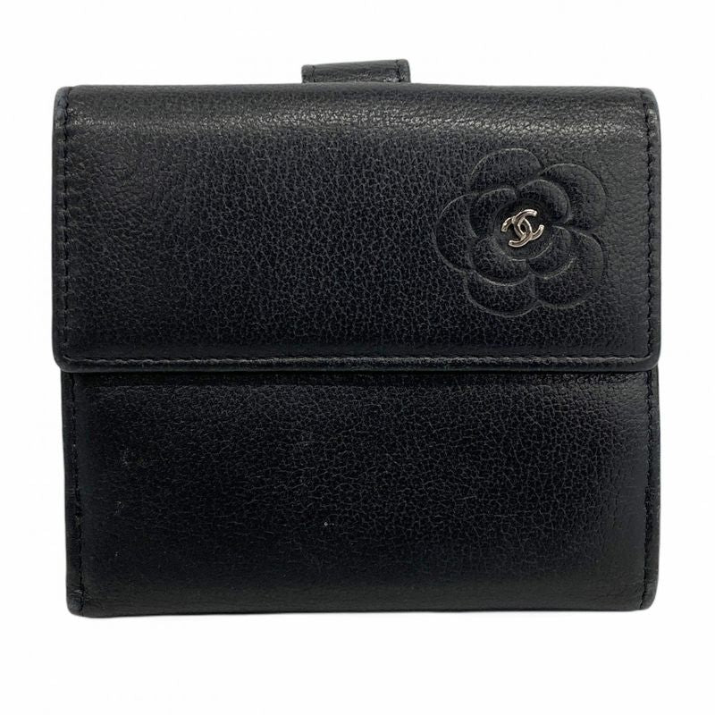 Chanel Wallet Camellia Leather Black Silver Hardware Women