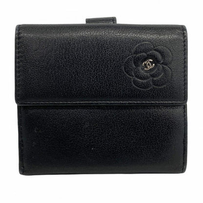 Chanel Wallet Camellia Leather Black Silver Hardware Women