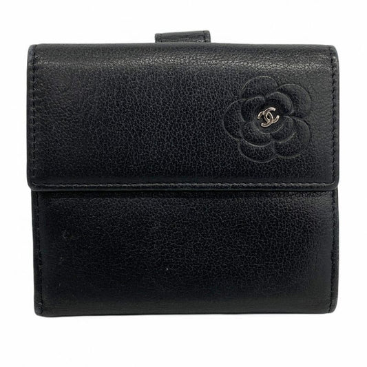Chanel Wallet Camellia Leather Black Silver Hardware Women