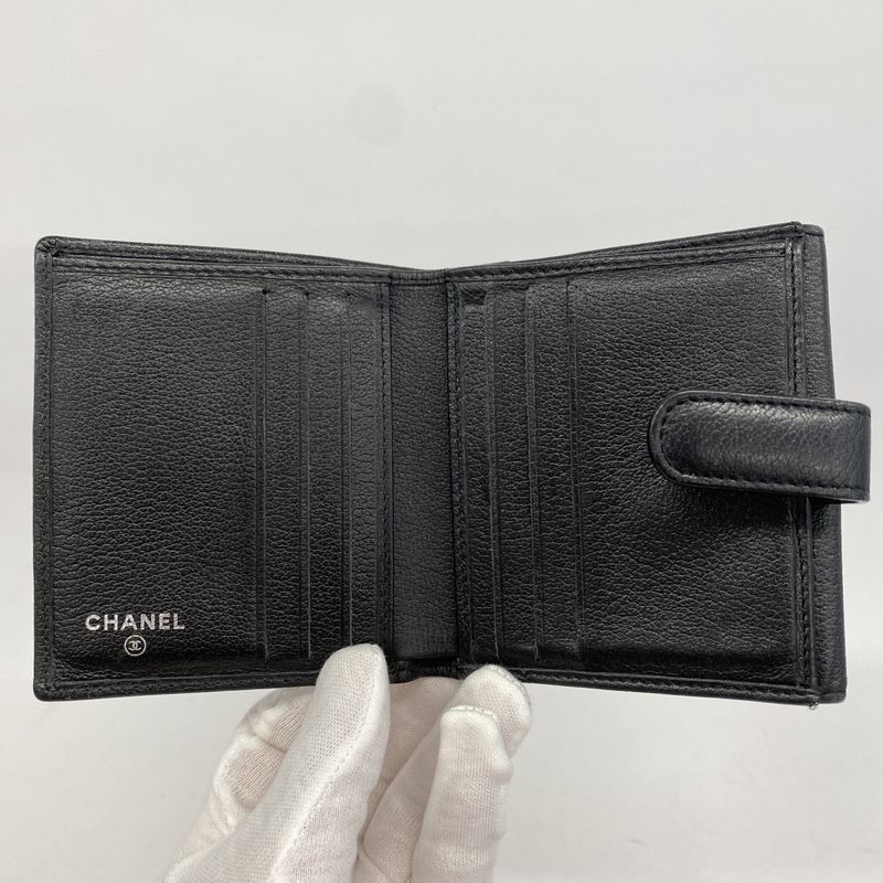 Chanel Wallet Camellia Leather Black Silver Hardware Women