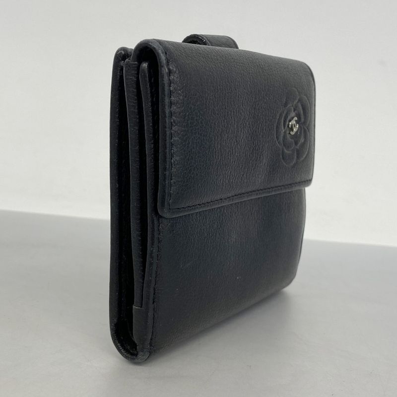 Chanel Wallet Camellia Leather Black Silver Hardware Women