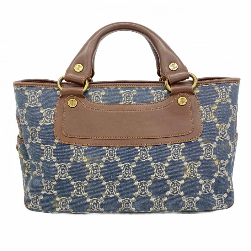 Celine Handbag Paris Macadam Denim Blue Brown Gold Hardware Women