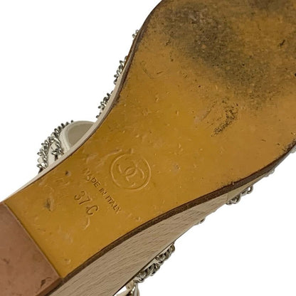 Chanel Sandals Shoes Leather White Silver Coco Mark Chain Wedge Sole Wood