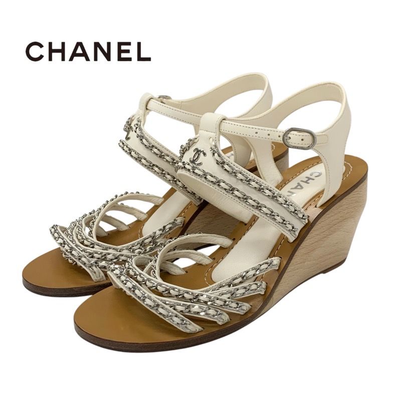 Chanel Sandals Shoes Leather White Silver Coco Mark Chain Wedge Sole Wood
