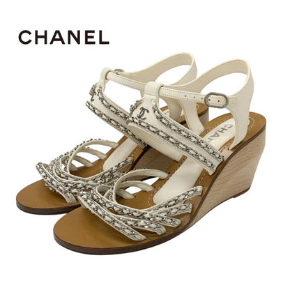 Chanel Sandals Shoes Leather White Silver Coco Mark Chain Wedge Sole Wood