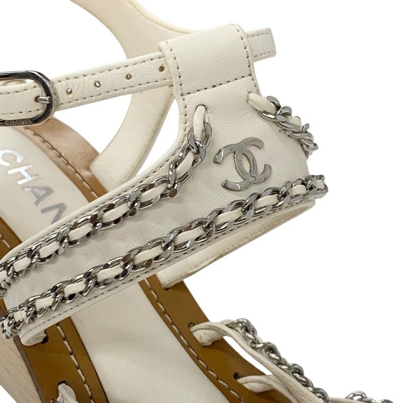 Chanel Sandals Shoes Leather White Silver Coco Mark Chain Wedge Sole Wood