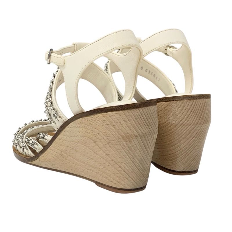 Chanel Sandals Shoes Leather White Silver Coco Mark Chain Wedge Sole Wood