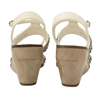 Chanel Sandals Shoes Leather White Silver Coco Mark Chain Wedge Sole Wood