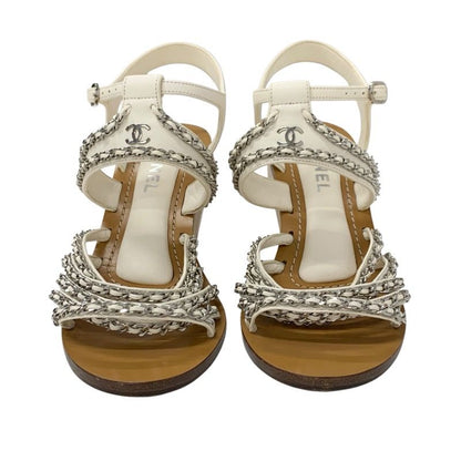 Chanel Sandals Shoes Leather White Silver Coco Mark Chain Wedge Sole Wood