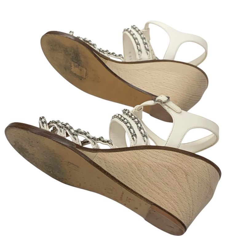 Chanel Sandals Shoes Leather White Silver Coco Mark Chain Wedge Sole Wood