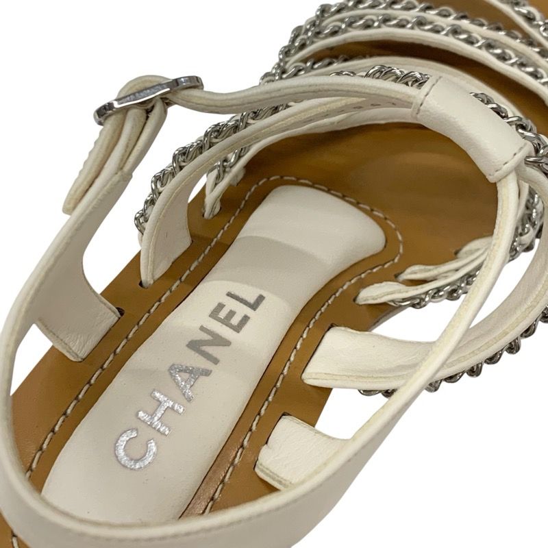 Chanel Sandals Shoes Leather White Silver Coco Mark Chain Wedge Sole Wood