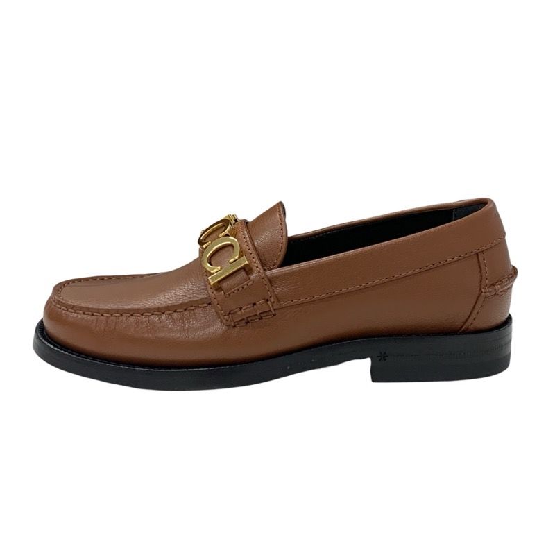 Gucci Loafer Leather Shoes Leather Brown Gold Metal Logo Flat Shoes