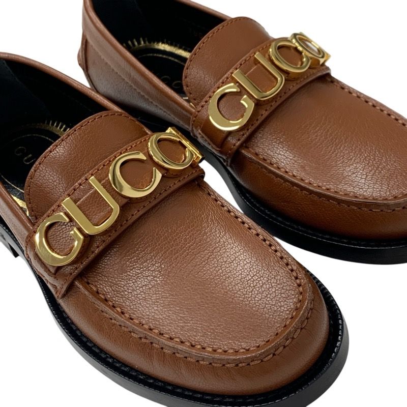 Gucci Loafer Leather Shoes Leather Brown Gold Metal Logo Flat Shoes