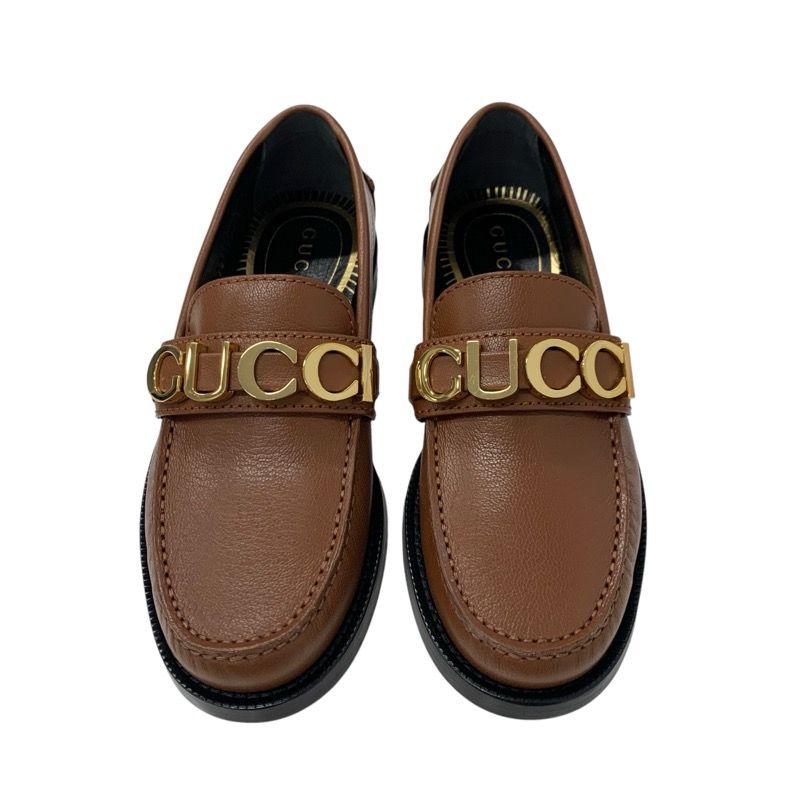 Gucci Loafer Leather Shoes Leather Brown Gold Metal Logo Flat Shoes