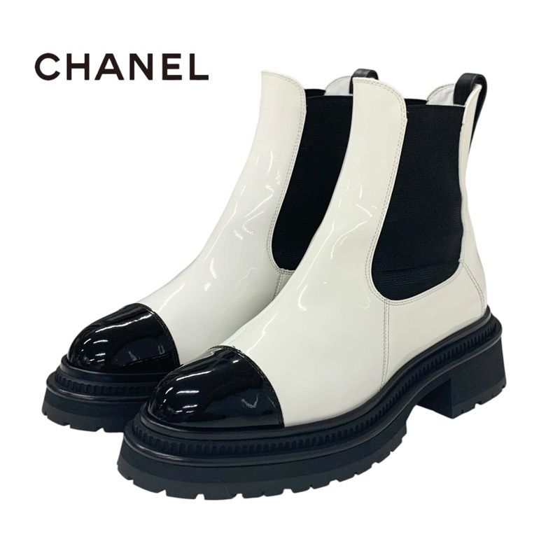 Chanel Boots Short Boots Shoes Patent White Black Here Mark Side Gore