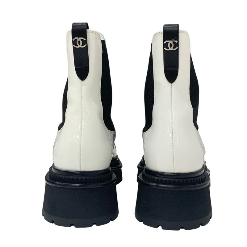 Chanel Boots Short Boots Shoes Patent White Black Here Mark Side Gore