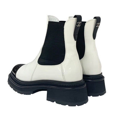 Chanel Boots Short Boots Shoes Patent White Black Here Mark Side Gore