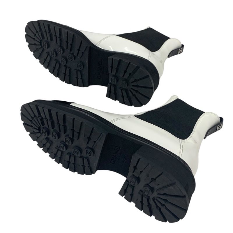 Chanel Boots Short Boots Shoes Patent White Black Here Mark Side Gore