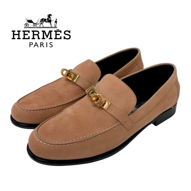 Hermes D'esting Loafers Leather Shoes Suede Pink Gold Kelly Hardware Moccasin