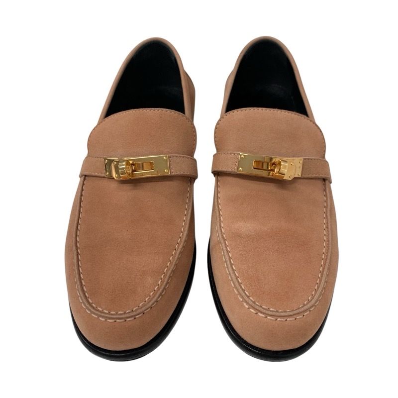 Hermes D'esting Loafers Leather Shoes Suede Pink Gold Kelly Hardware Moccasin