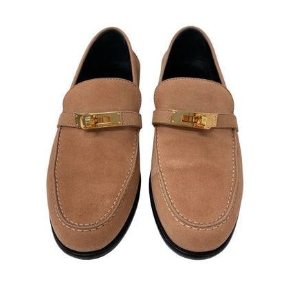 Hermes D'esting Loafers Leather Shoes Suede Pink Gold Kelly Hardware Moccasin