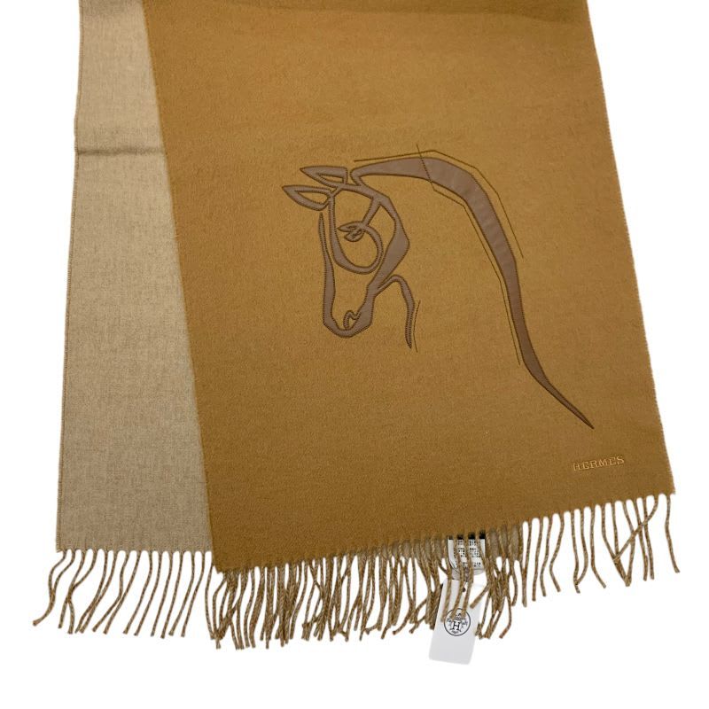Hermes Cheval Outlet Scarf Cashmere Camel Beige Shawl Logo