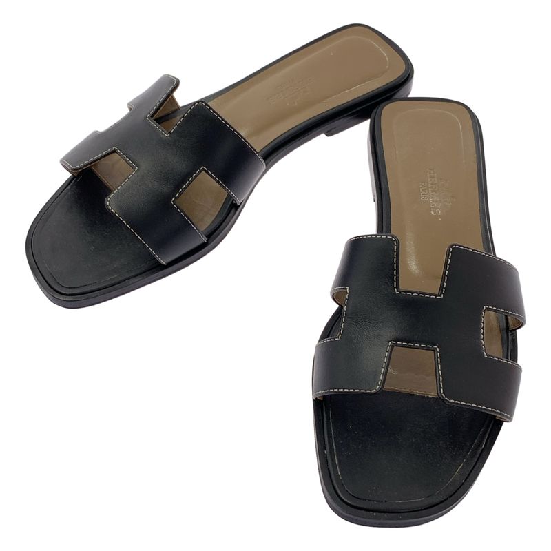 Hermes Oran Sandales Oran Leather Sandals - 37 - Black - Women