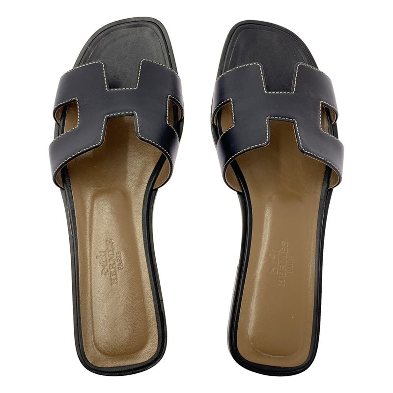Hermes Oran Sandales Oran Leather Sandals - 37 - Black - Women
