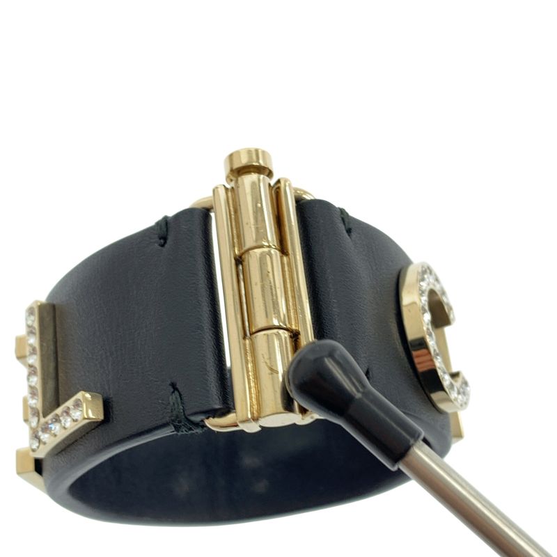 Chanel - Leather Rhinestone Logo Bangle - Black - Women's