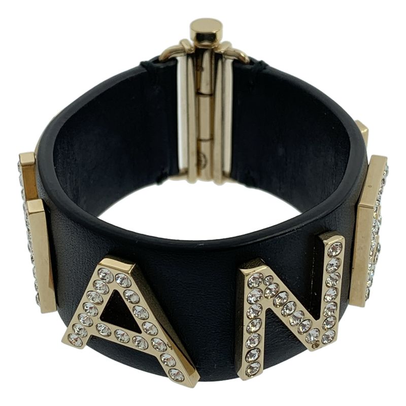 Chanel - Leather Rhinestone Logo Bangle - Black - Women's