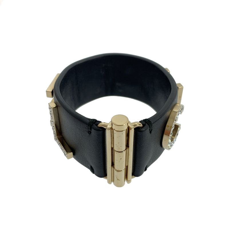 Chanel - Leather Rhinestone Logo Bangle - Black - Women's