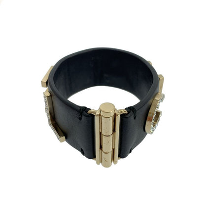 Chanel - Leather Rhinestone Logo Bangle - Black - Women's
