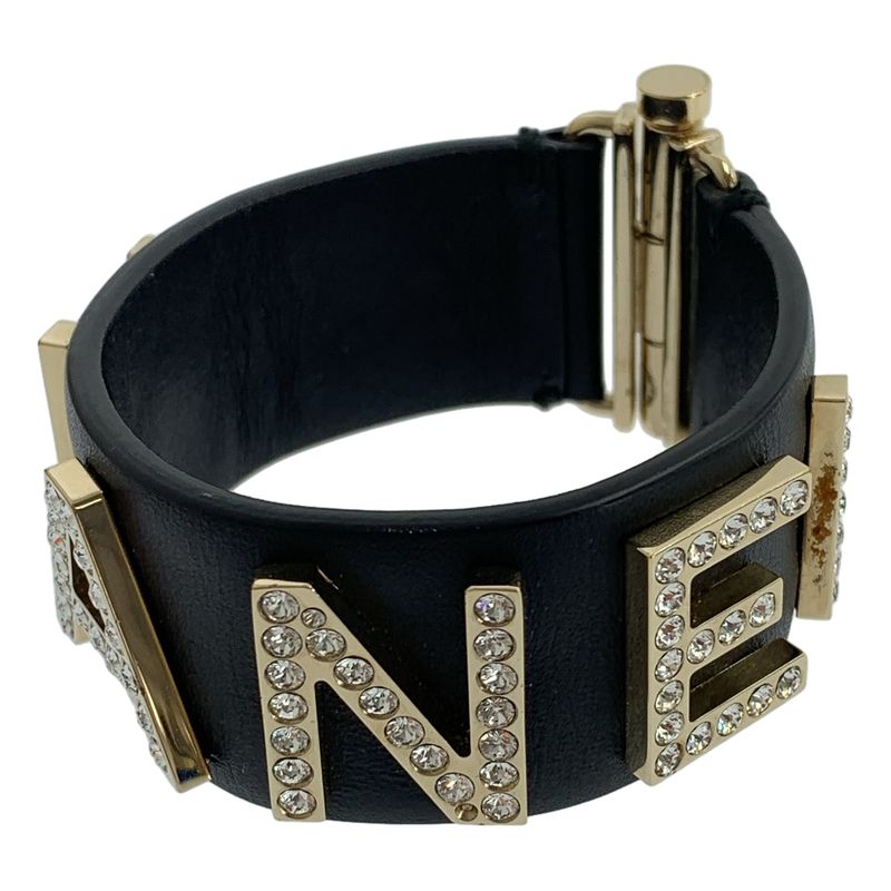 Chanel - Leather Rhinestone Logo Bangle - Black - Women's