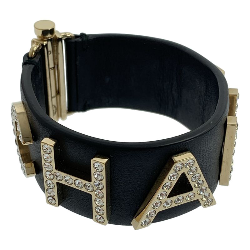 Chanel - Leather Rhinestone Logo Bangle - Black - Women's