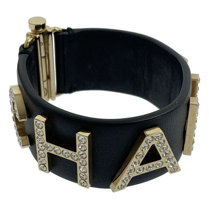 Chanel - Leather Rhinestone Logo Bangle - Black - Women's
