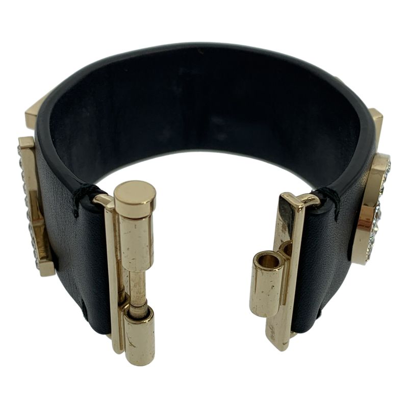 Chanel - Leather Rhinestone Logo Bangle - Black - Women's