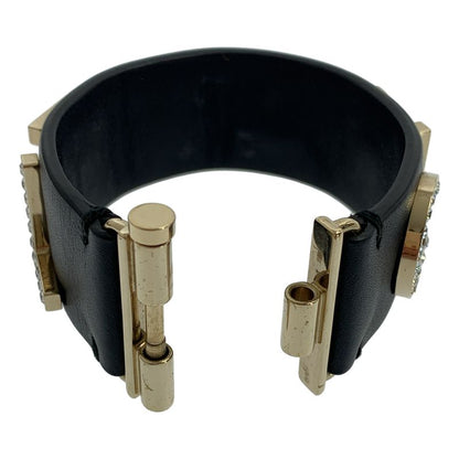 Chanel - Leather Rhinestone Logo Bangle - Black - Women's