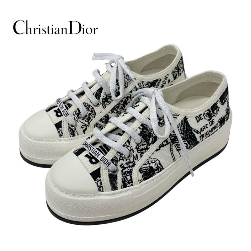 Christian DIOR Walkndior Sneakers Shoes Canvas White Black Unused Logo Platform
